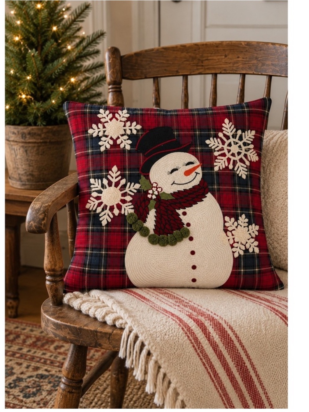 Pottery Barn | Tartan Plaid Applique Snowman Christmas Holiday Pillow Cover